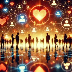 A vibrant community scene with people silhouettes, floating heart icons, and a warm atmosphere representing social engagement.