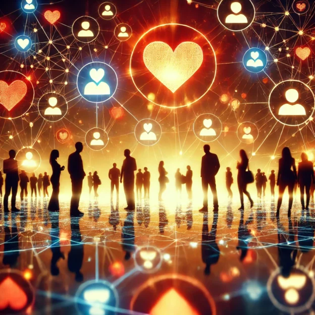 A vibrant community scene with people silhouettes, floating heart icons, and a warm atmosphere representing social engagement.