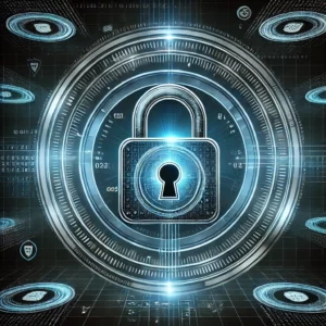 A futuristic glowing padlock surrounded by encryption symbols, representing security and trust in a digital marketplace.