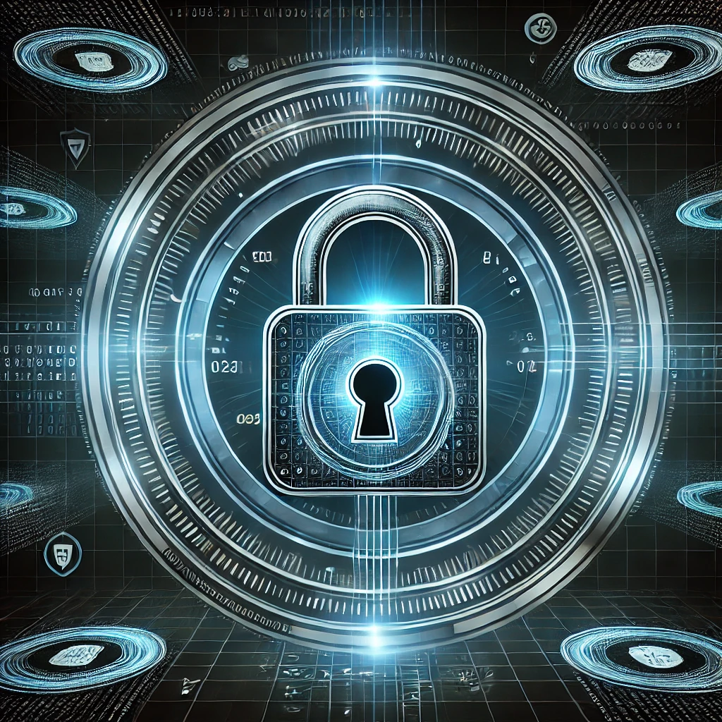 A futuristic glowing padlock surrounded by encryption symbols, representing security and trust in a digital marketplace.