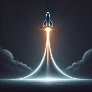 A sleek futuristic rocket launching into the dark sky with a glowing trail, symbolizing innovation and new beginnings.