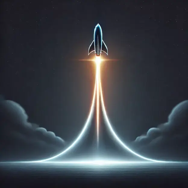A sleek futuristic rocket launching into the dark sky with a glowing trail, symbolizing innovation and new beginnings.