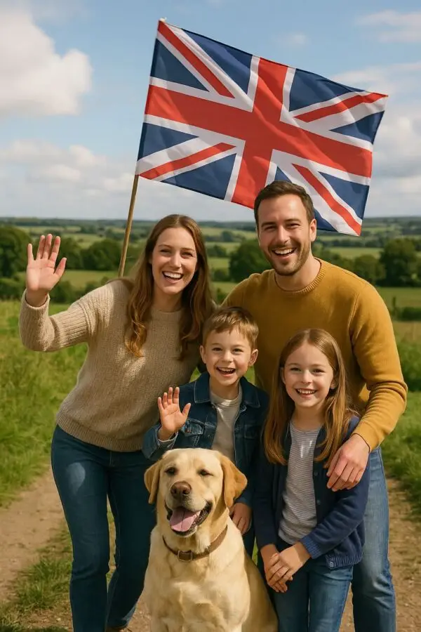 A young, happy family and pet Labrador, waving a union jack flag and smiling to the camera in a lovely countryside setting.