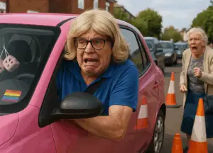 Older man in a wig awkwardly driving a small car during a chaotic 37-point turn, surrounded by traffic cones and seagulls
