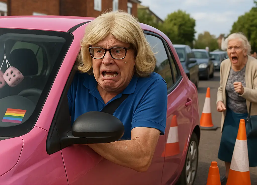 Older man in a wig awkwardly driving a small car during a chaotic 37-point turn, surrounded by traffic cones and seagulls